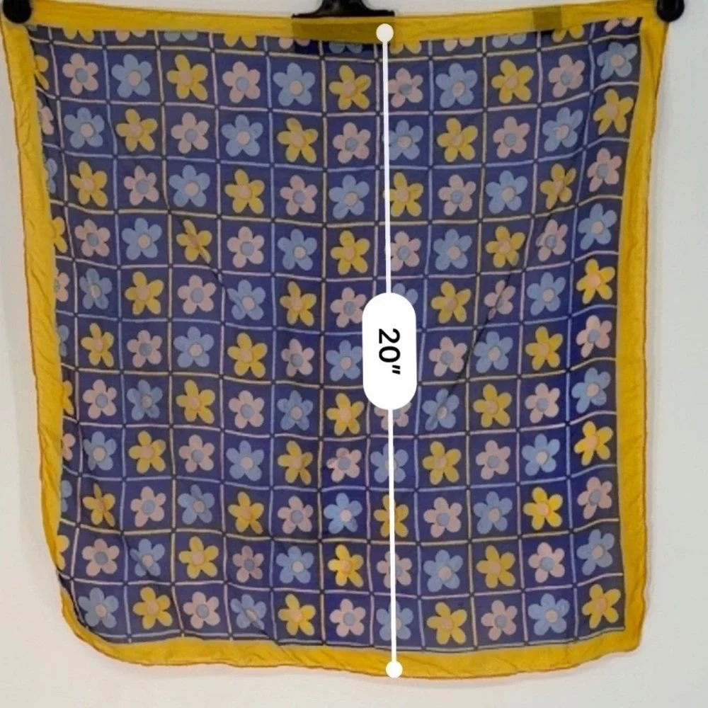 Sanfred Silk Scarf Blue Yellow Floral Daisy Grid Square Neckerchief Indie 105-32
